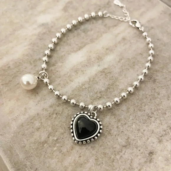 925 Sterling Silver Dainty Bead Bracelet Minimalist Heart & Pearl Charm Bracelet - Picture 5 of 5